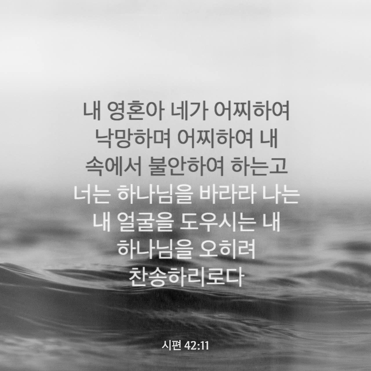 시편 42:11 Klb; 내 영혼아, 어째서 네가 낙심하며 내 속에서 불안해 하는가? 너는 네 희망을 하나님께 두어라. 나는 내 구원이  되시는 하나님을 찬양하리라.