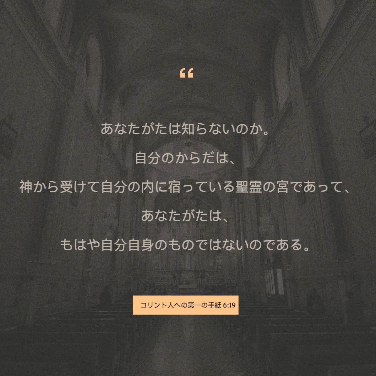 コリント人への第一の手紙 6 19 あなたがたは知らないのか 自分のからだは 神から 受けて自分の内に宿っている聖霊の宮であって あなたがたは もはや自分自身のものではないのである Colloquial Japanese 1955 Ja1955 聖書アプリを今すぐダウンロード