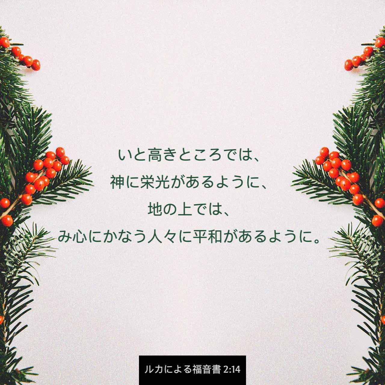 ルカによる福音書 2 13 14 するとたちまち おびただしい天の軍勢が現れ 御使と一緒になって神をさんびして言った いと高きところでは 神に栄光があるように 地の上では み心にかなう人々に平和があるように Colloquial Japanese 1955 Ja1955 聖書