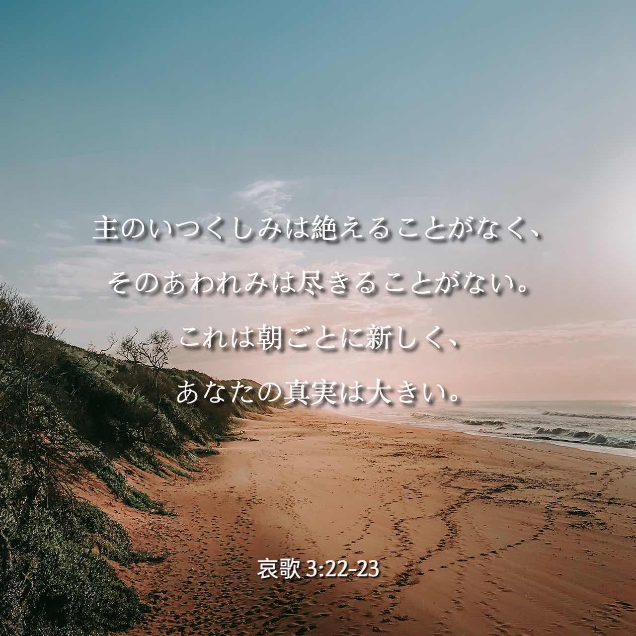 哀歌 3 22 23 主のいつくしみは絶えることがなく そのあわれみは尽きることがない これは朝ごとに新しく あなたの真実は大きい Japanese 聖書 口語訳 口語訳 聖書アプリを今すぐダウンロード