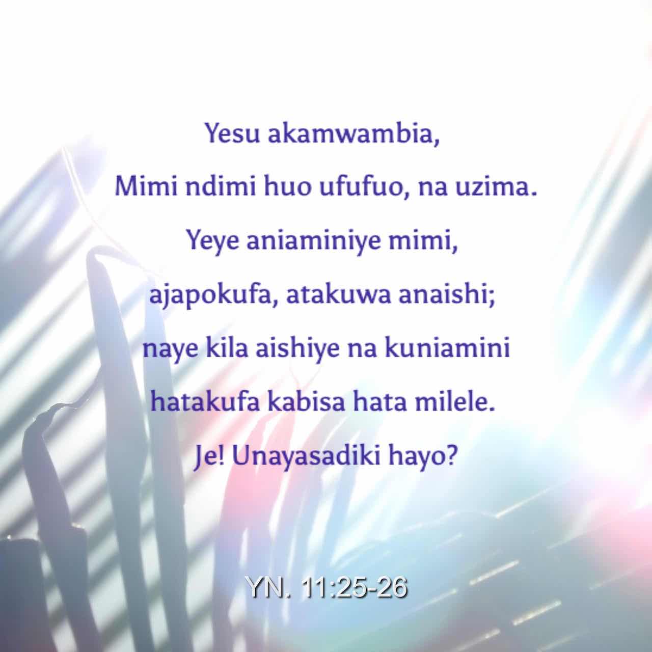 Yn 11:25-28 Yesu akamwambia, Mimi ndimi huo ufufuo, na uzima. Yeye ...