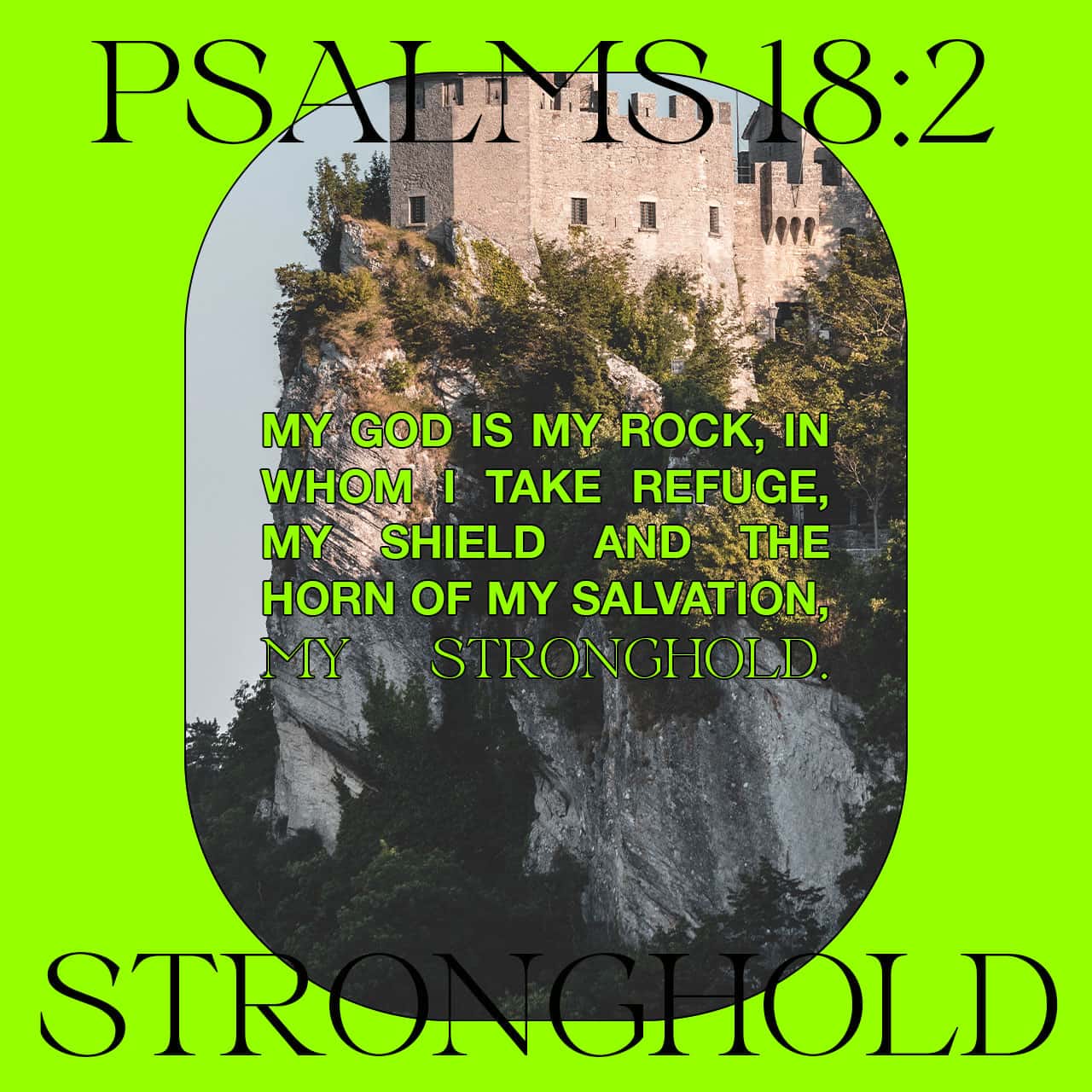 Psalm 18:1-2 I will love thee, O LORD, my strength.
The LORD is my rock, and my fortress, and my deliverer;
My God, my strength, in whom I will trust;
My buckler, and the horn of my salvation, and my high tower. | King James Version (KJV) | Download The B