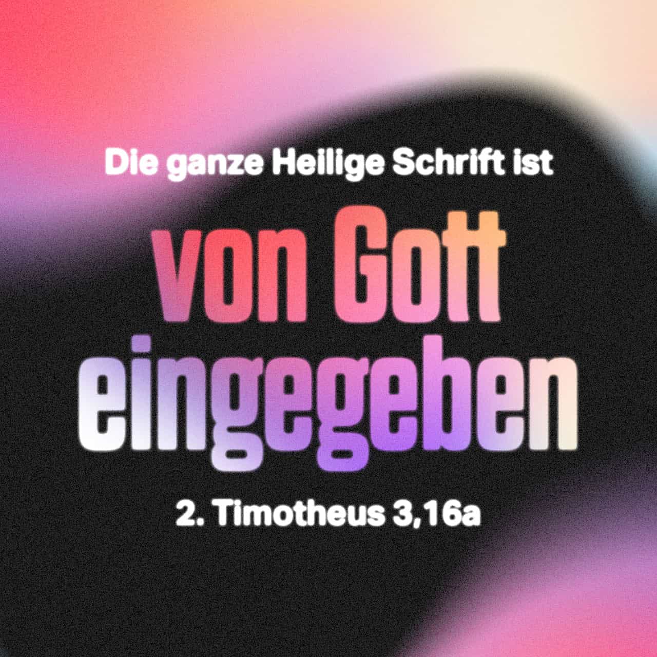 2. Timotheus 3:16-17 Alle Schrift ist von Gott eingegeben und nützlich zur  Belehrung, zur Überführung, zur Zurechtweisung, zur Erziehung in der  Gerechtigkeit, damit der Mensch Gottes ganz zubereitet sei, zu jedem guten