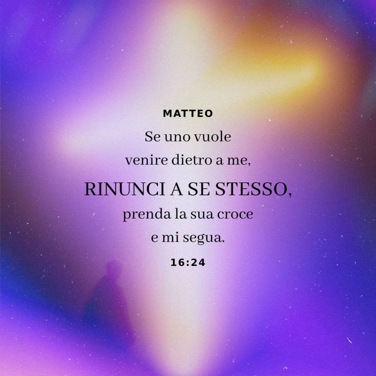 Matteo 16:24 Allora Gesù disse ai suoi discepoli: Se uno vuol venire dietro  a me, rinunzi a se stesso e prenda la sua croce e mi segua., Versione  Diodati Riveduta (RDV24)