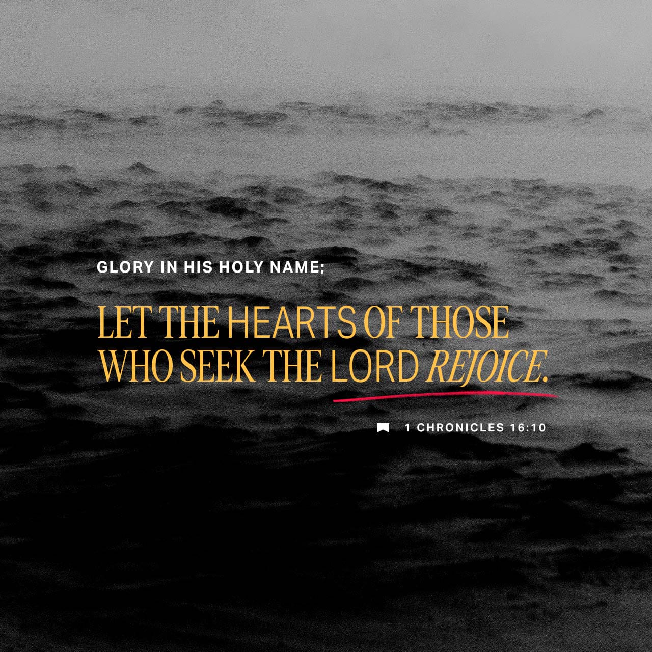 1 Chronicles 16:10 Glory ye in his holy name:
Let the heart of them rejoice that seek the LORD. | King James Version (KJV) | Download The Bible App Now